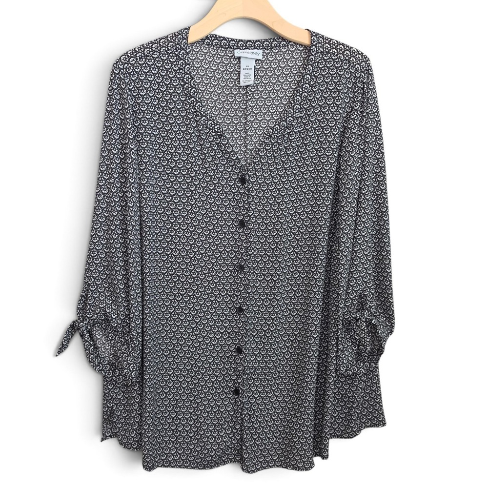Catherines Top Womens Plus 2X 22/24W Black Button Sheer 3/4 Sleeve Sleeve Tie